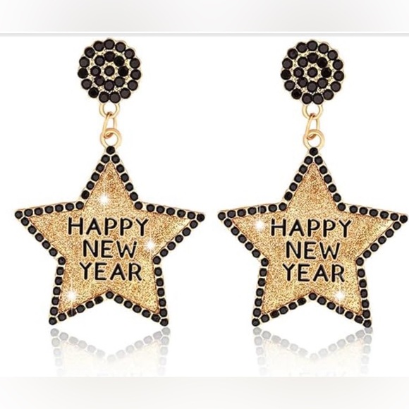 Jewelry - Gold & Black Rhinestone Happy New Year Star Earrings | NYE Party Jewelry